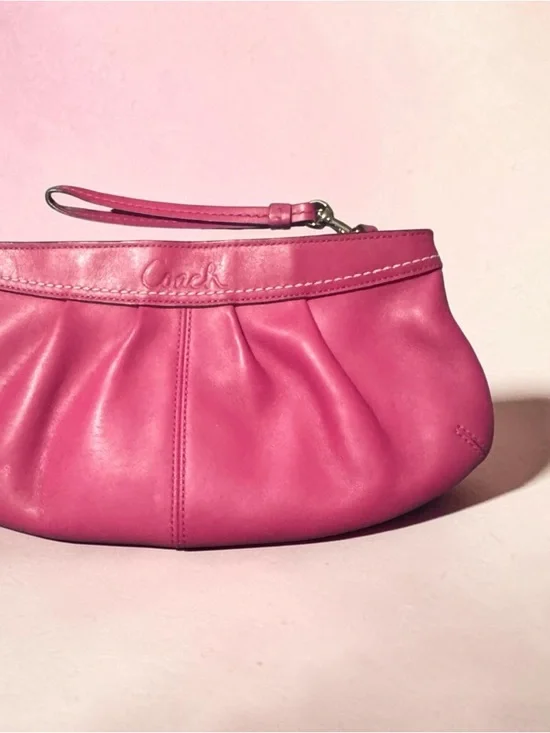 Coach Hot Pink Leather Pleated Wristlet Clutch - Picture 2 of 8
